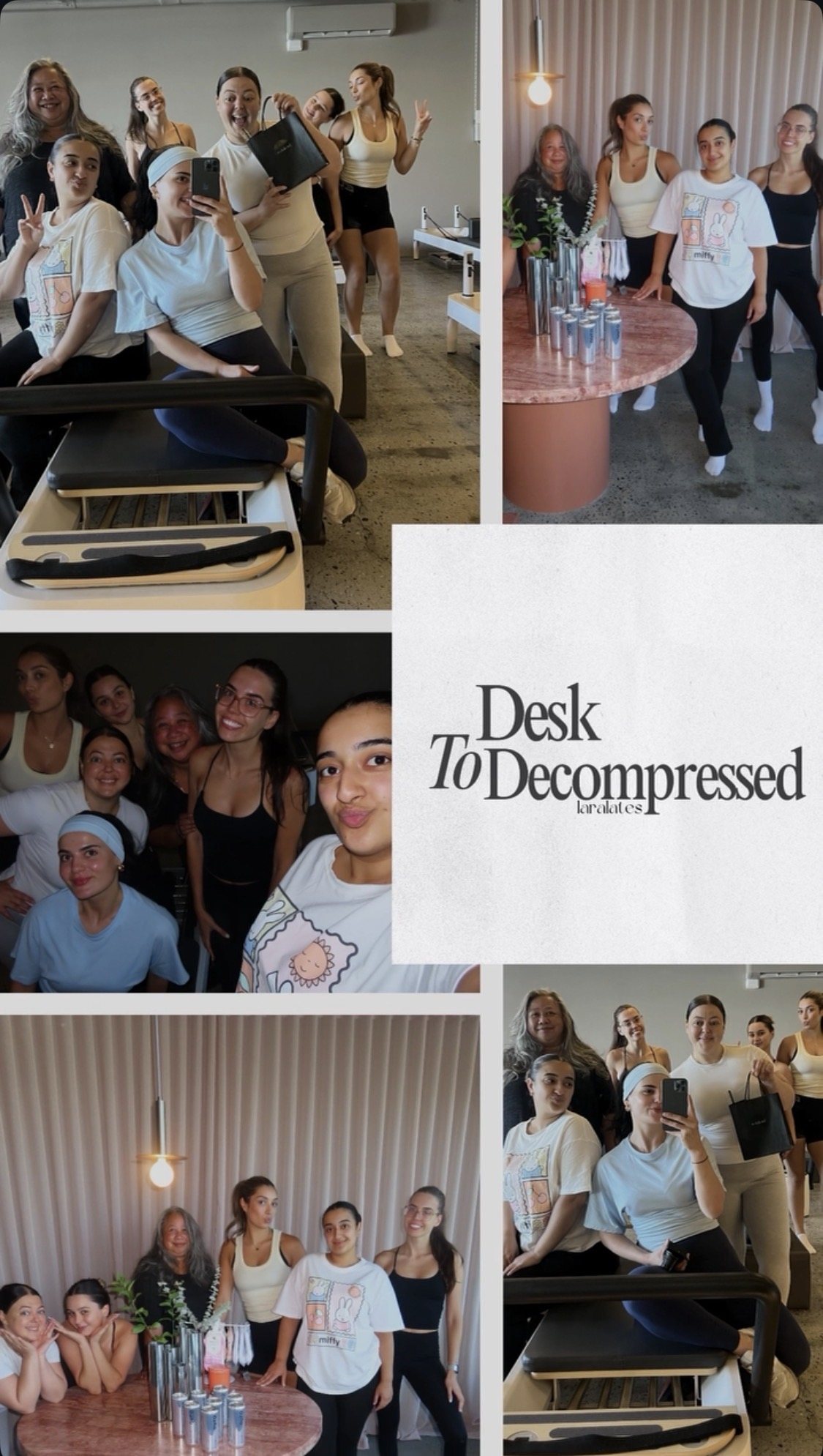 A collage from Desk to Decompress: the team's mirror selfies on the reformers, group photos around a pink marble table with drinks and flowers, and the Desk to Decompress title card.